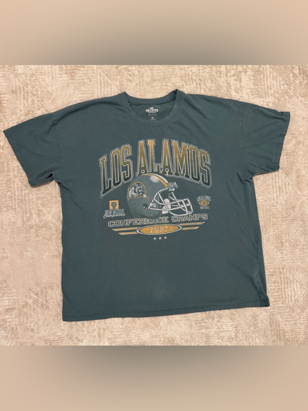 Hollister Teal Crewneck Tee with Gold and White Graphic